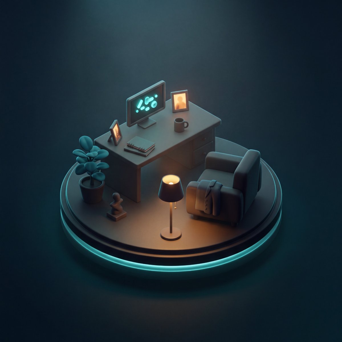 Isometric diorama of the About page — workspace and personal narrative